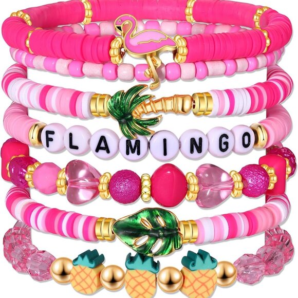 Flamingo Bracelets Women Clay Beaded Stackable Beach Vacation Jewelry - Picture 1 of 8
